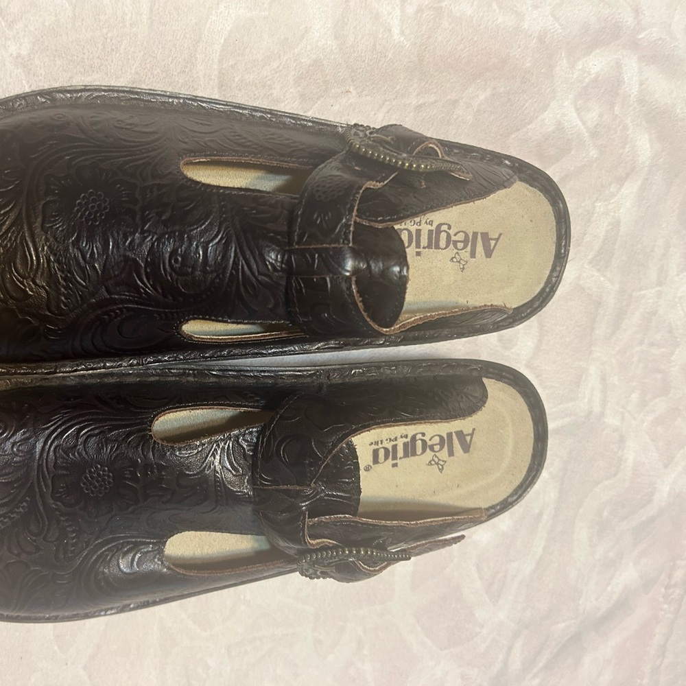 Alegria Embossed Leather Sandals in Dark Brown